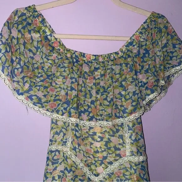 Camela of California S Maxi Dress 70s Ball Gown Blue Ditsy Floral Ruffle Boho - Picture 2 of 10